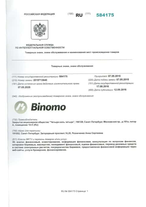 Описание товарного знака Binomo в РФ и его правообладатель
